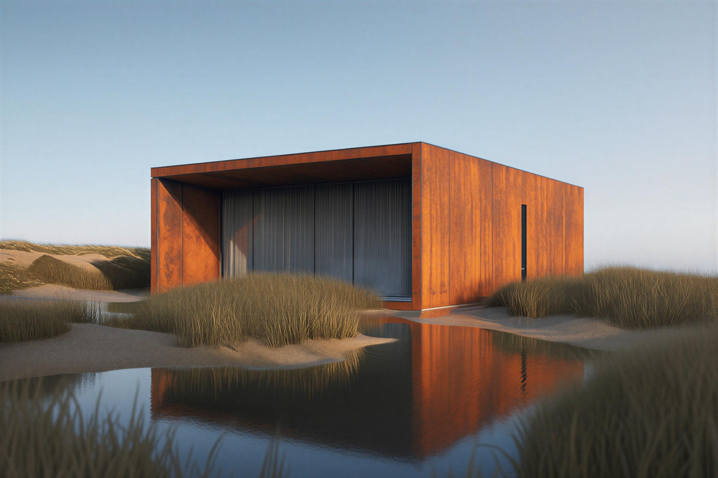 Modern corten steel architecture in natural landscape